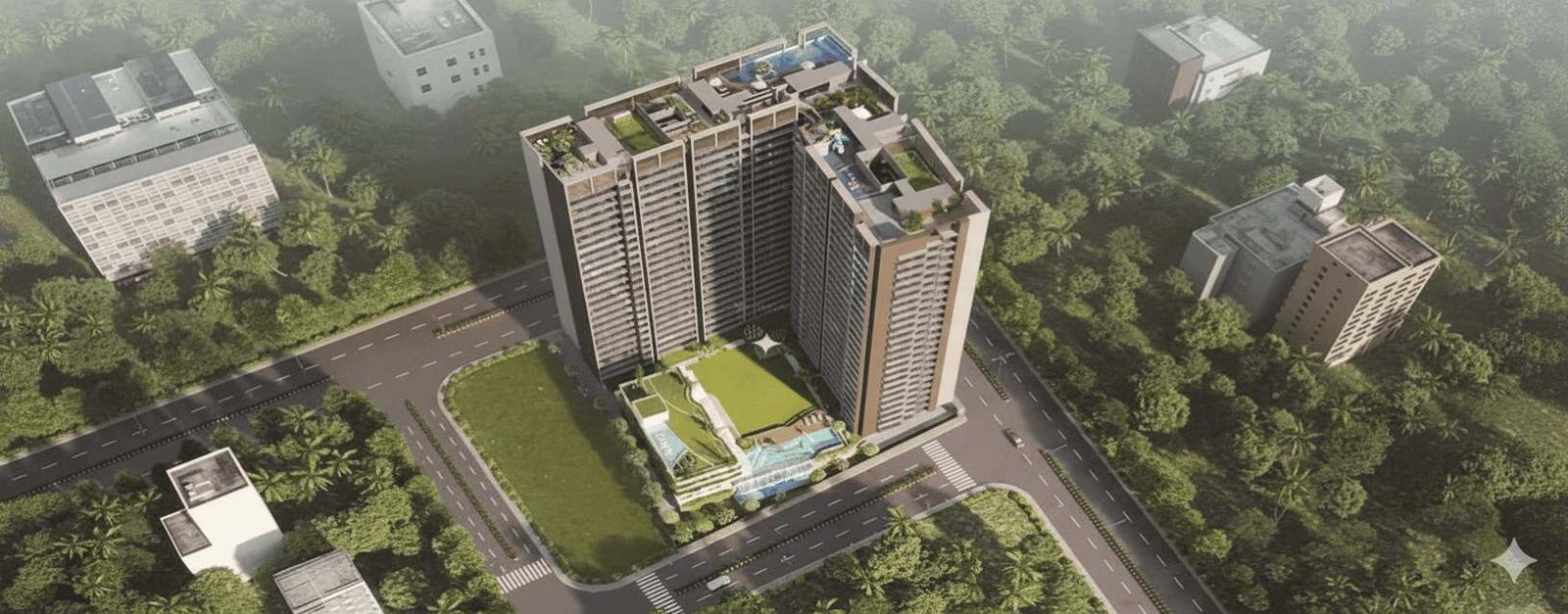 Modern residential buildings in Navi Mumbai at sunset with a cityscape in the background, promoting flats for sale.