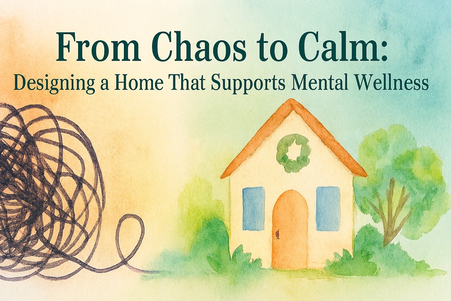 Minimal living room filled with natural light and greenery for mental wellness design.