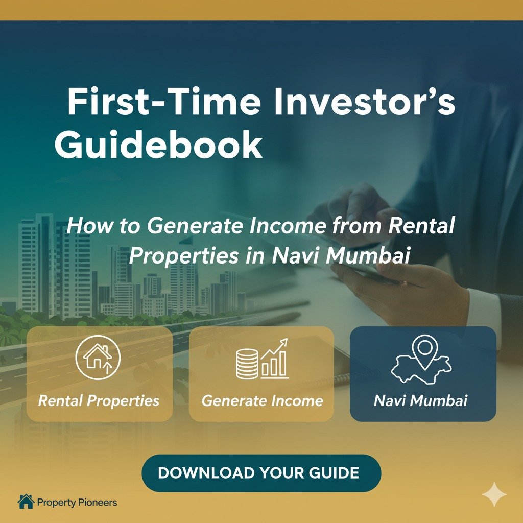 Aerial view of Navi Mumbai city with modern residential apartments and commercial hubs under a blue sky.