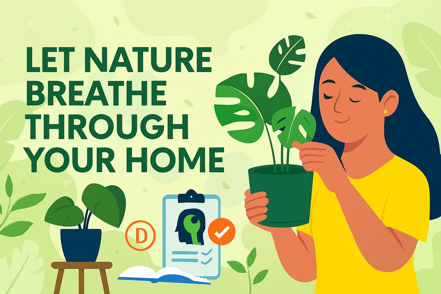 A modern biophilic living room with indoor plants, sunlight, and natural textures.