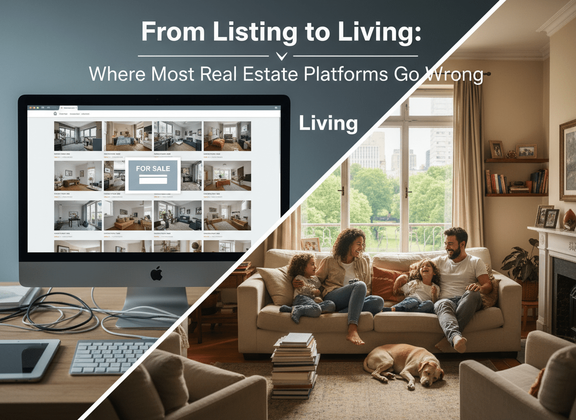 From Listing to Living: Illustration showing homes within a neighbourhood, highlighting daily life, community, and surroundings beyond property listing